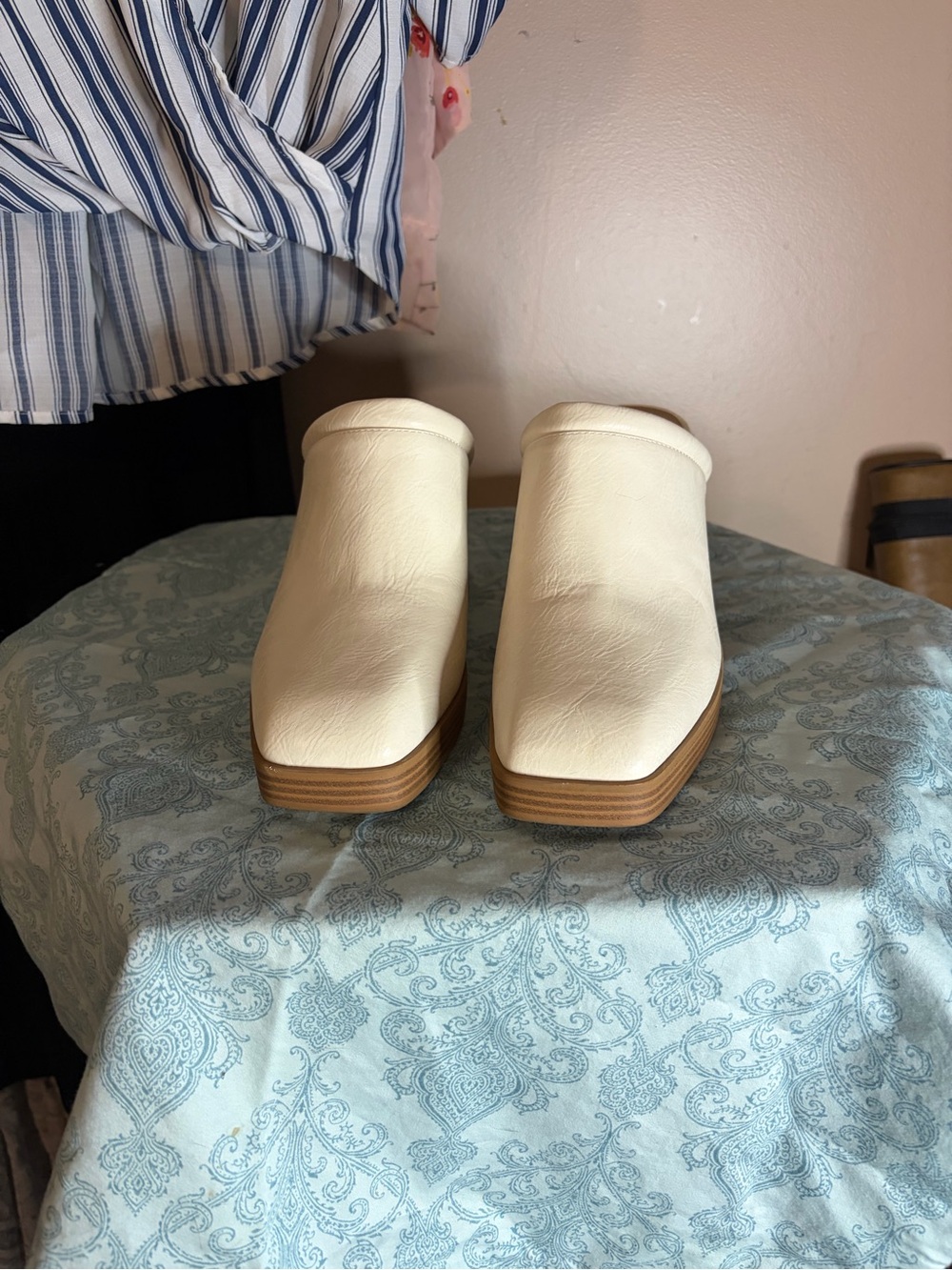 crown & ivy Cream Slip-On Mules with Stacked Wood-Look Heel